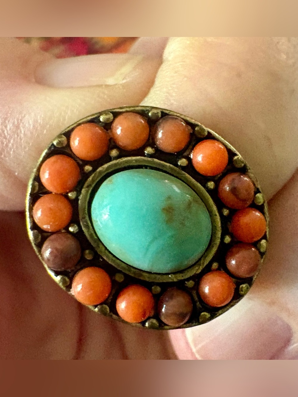 Vintage brass Turquoise & Coral Stone Statement Ring - Women Jewelry READ